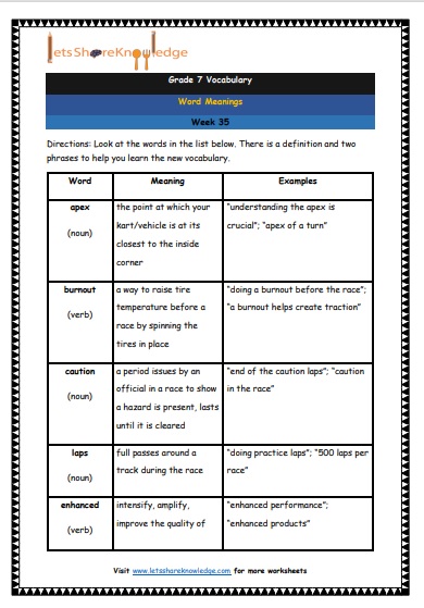 Grade 7 Vocabulary Worksheets Week 35 meanings