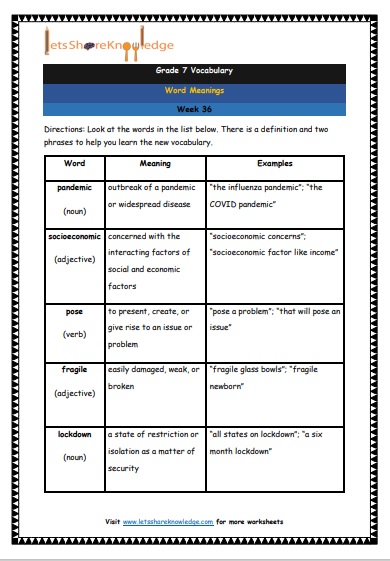 Grade 7 Vocabulary Worksheets Week 36 meanings