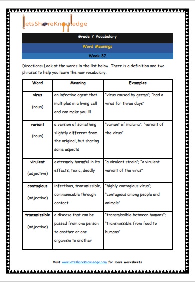 Grade 7 Vocabulary Worksheets Week 37 meanings