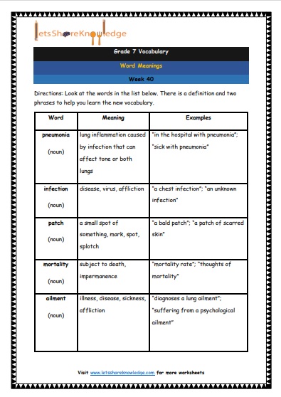 Grade 7 Vocabulary Worksheets Week 40 meanings