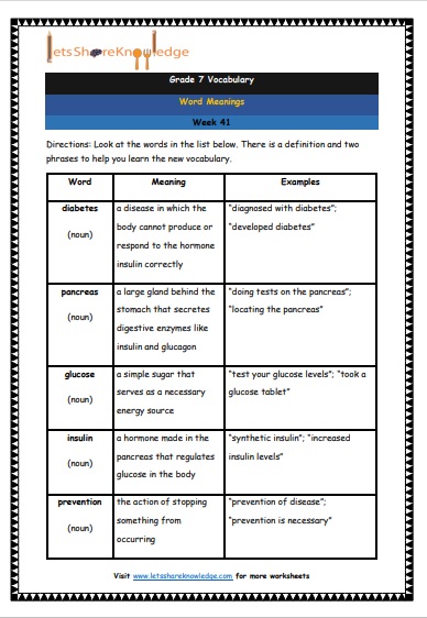 Grade 7 Vocabulary Worksheets Week 41 meanings