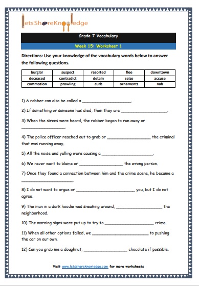 Grade 7 Vocabulary Worksheets Week 15 worksheet 1