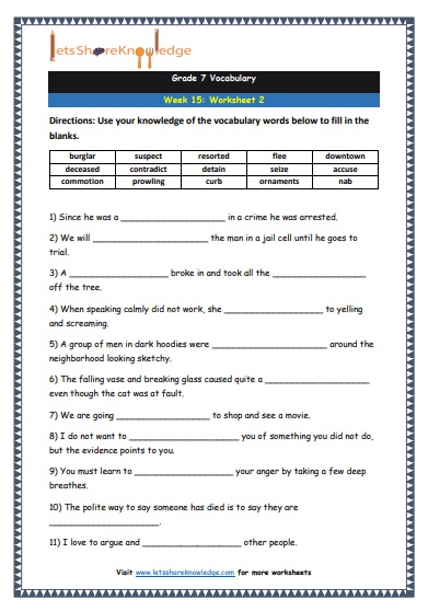 Grade 7 Vocabulary Worksheets Week 15 worksheet 2
