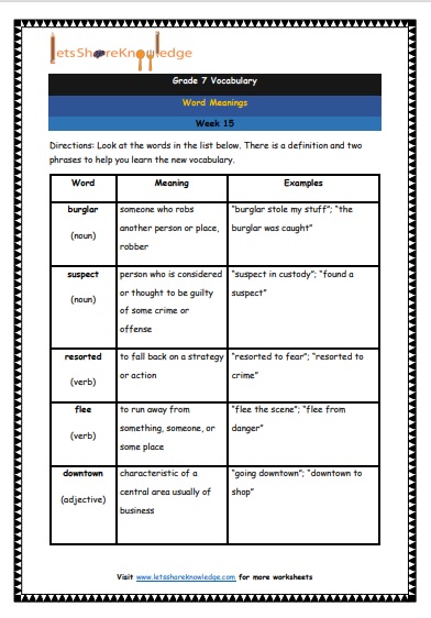 Grade 7 Vocabulary Worksheets Week 15 meanings