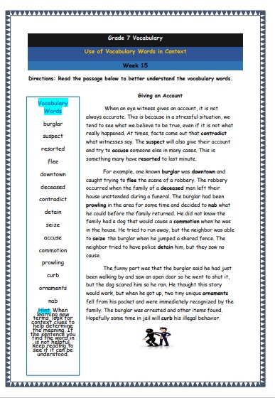 Grade 7 Vocabulary Worksheets Week 15 understanding vocabulary words in context