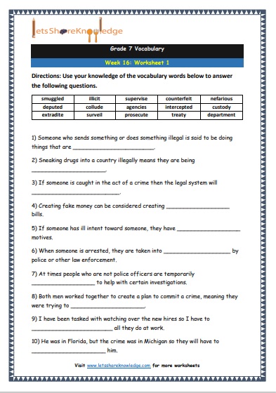 Grade 7 Vocabulary Worksheets Week 16 worksheet 1
