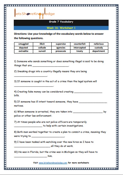Grade 7: Vocabulary Worksheets Week 16 – Lets Share Knowledge