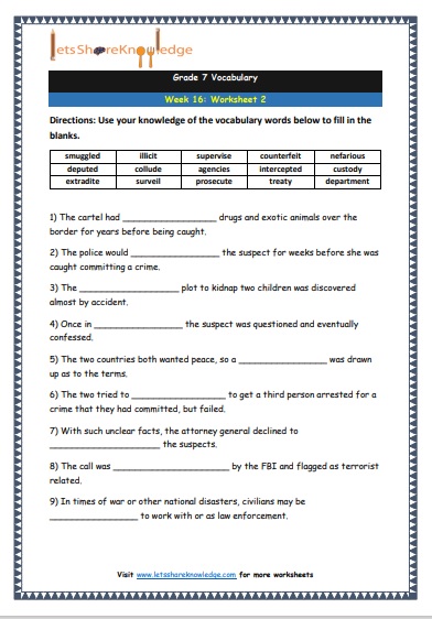 Grade 7 Vocabulary Worksheets Week 16 worksheet 2
