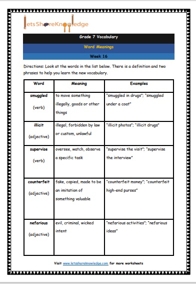 Grade 7 Vocabulary Worksheets Week 16 meanings