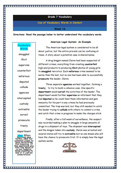Grade 7 Vocabulary Worksheets Week 16 understanding vocabulary words in context