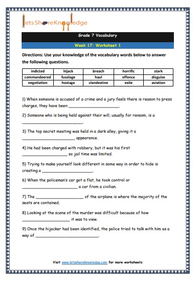 Grade 7 Vocabulary Worksheets Week 17 worksheet 1