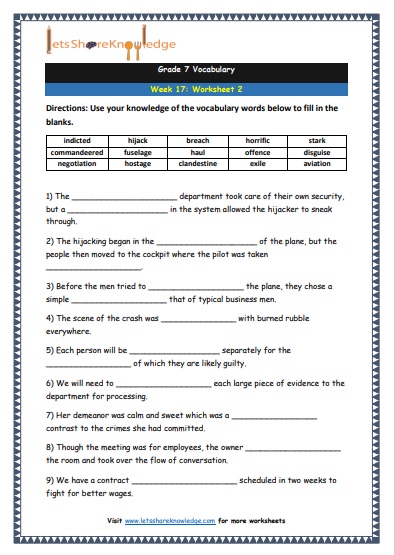 Grade 7 Vocabulary Worksheets Week 17 worksheet 2