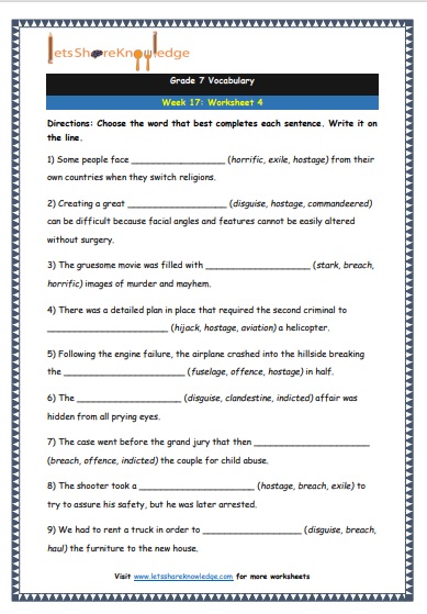  Grade 7 Vocabulary Worksheets Week 17 worksheet 4