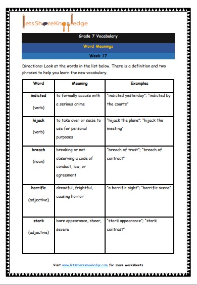 Grade 7 Vocabulary Worksheets Week 17 meanings