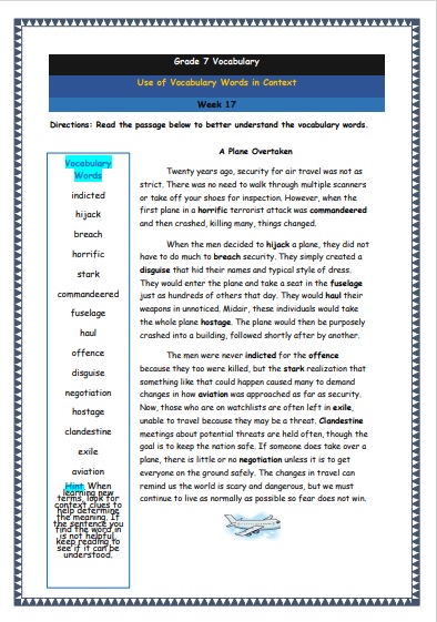 grade 7 vocabulary week 17 printable worksheet