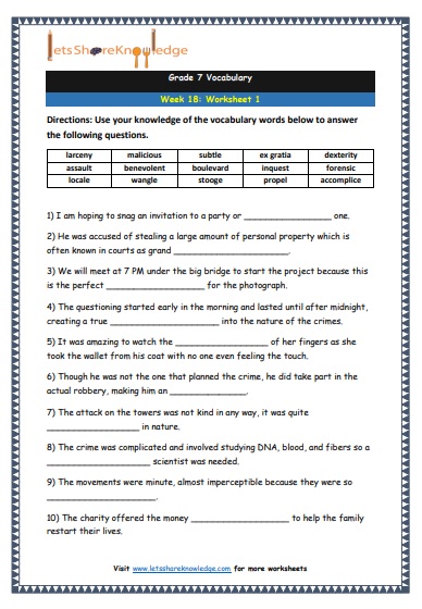 Grade 7 Vocabulary Worksheets Week 18 worksheet 1
