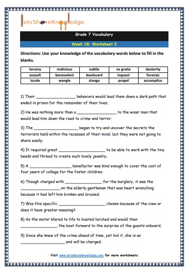 Grade 7 Vocabulary Worksheets Week 18 worksheet 2
