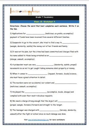 grade 7 vocabulary week 18 printable worksheet