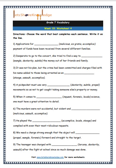 grade 7 vocabulary week 18 printable worksheet