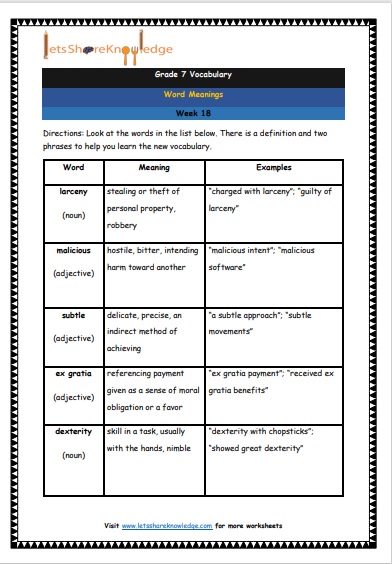 Grade 7 Vocabulary Worksheets Week 18 meanings