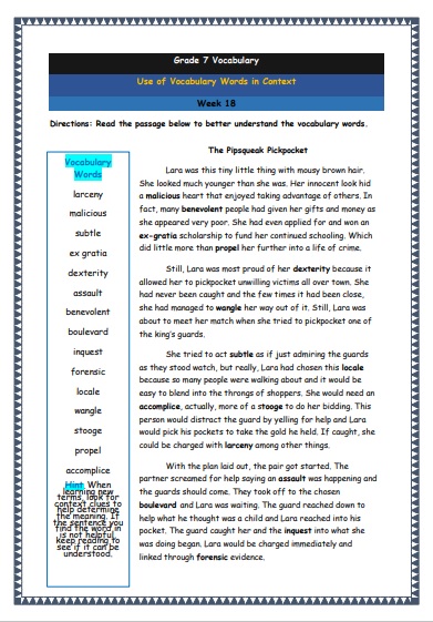 Grade 7 Vocabulary Worksheets Week 18 understanding vocabulary words in context