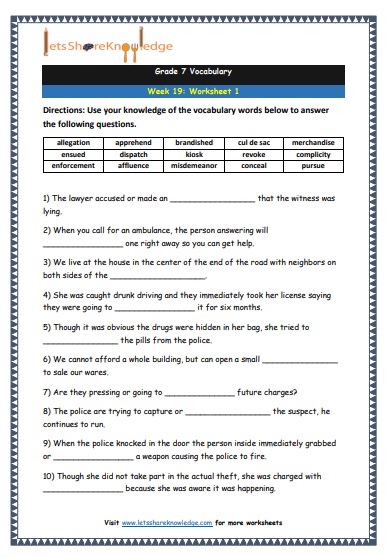 Grade 7 Vocabulary Worksheets Week 19 worksheet 1