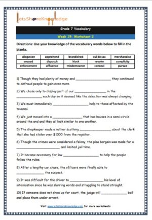 grade 7 vocabulary week 19 printable worksheet
