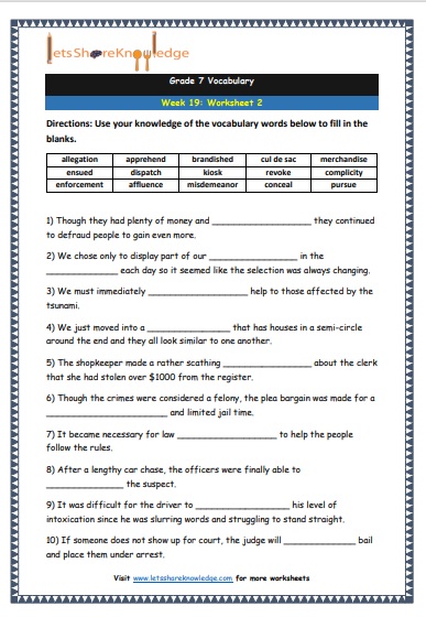 Grade 7 Vocabulary Worksheets Week 19 worksheet 2