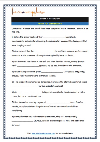  Grade 7 Vocabulary Worksheets Week 19 worksheet 4