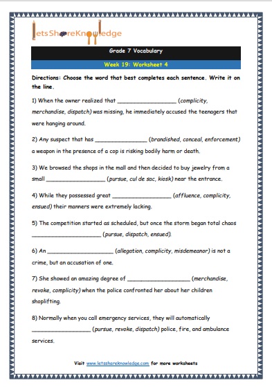 Grade 7: Vocabulary Worksheets Week 19 – Lets Share Knowledge