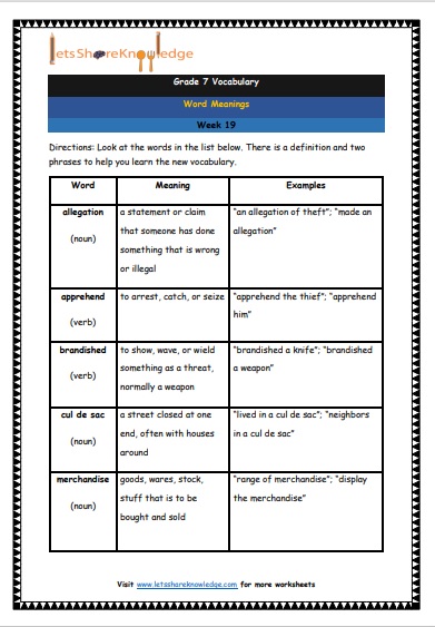 Grade 7 Vocabulary Worksheets Week 19 meanings
