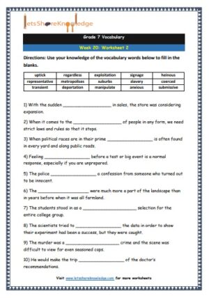 grade 7 vocabulary week 20 printable worksheet