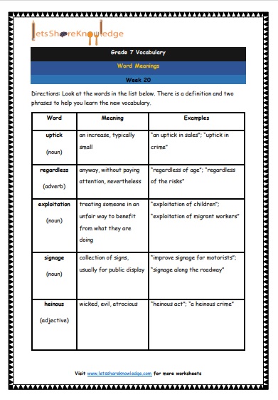 Grade 7 Vocabulary Worksheets Week 20 meanings