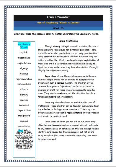 Grade 7 Vocabulary Worksheets Week 20 understanding vocabulary words in context
