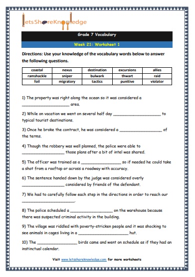 Grade 7 Vocabulary Worksheets Week 21 worksheet 1