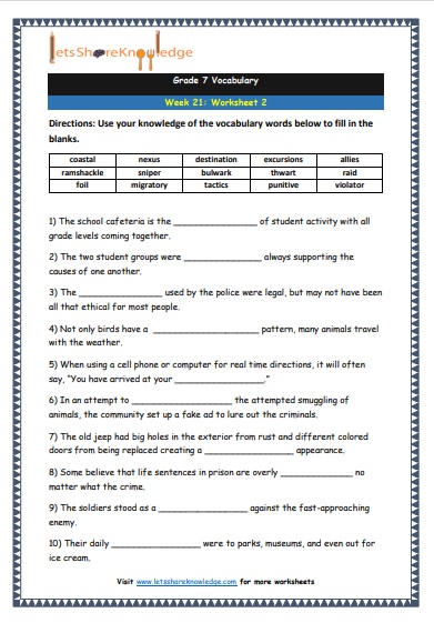 Grade 7 Vocabulary Worksheets Week 21 worksheet 2