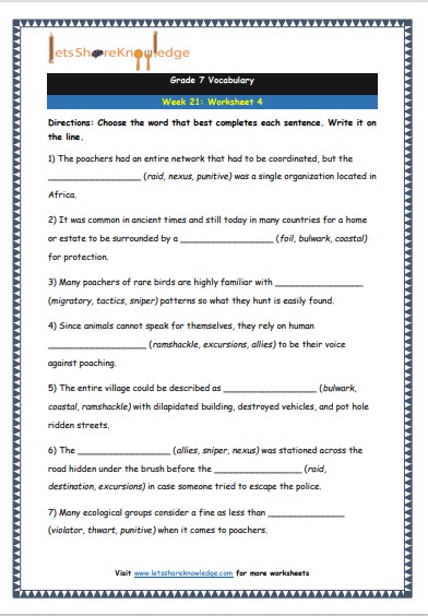  Grade 7 Vocabulary Worksheets Week 21 worksheet 4