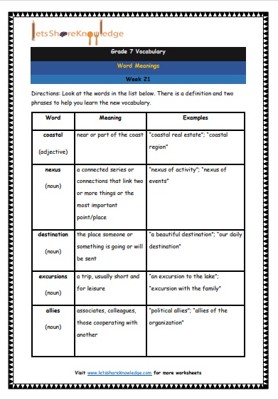 Grade 7 Vocabulary Worksheets Week 21 meanings