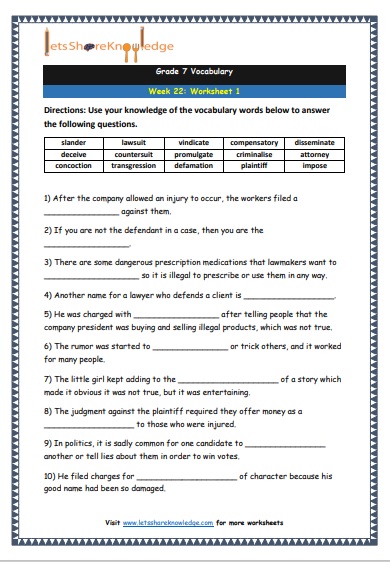 Grade 7 Vocabulary Worksheets Week 22 worksheet 1