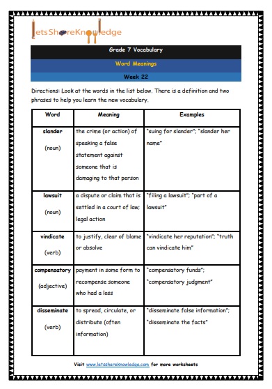 Grade 7 Vocabulary Worksheets Week 22 meanings