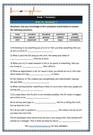 Grade 7 Vocabulary Worksheets Week 23 worksheet 1