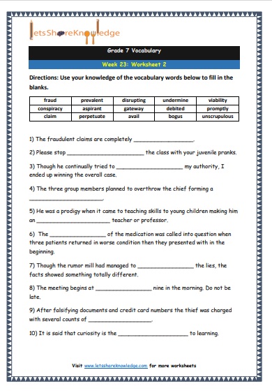 Grade 7 Vocabulary Worksheets Week 23 worksheet 2