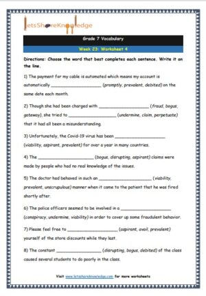 grade 7 vocabulary week 23 printable worksheet