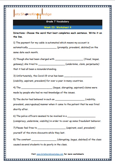  Grade 7 Vocabulary Worksheets Week 23 worksheet 4