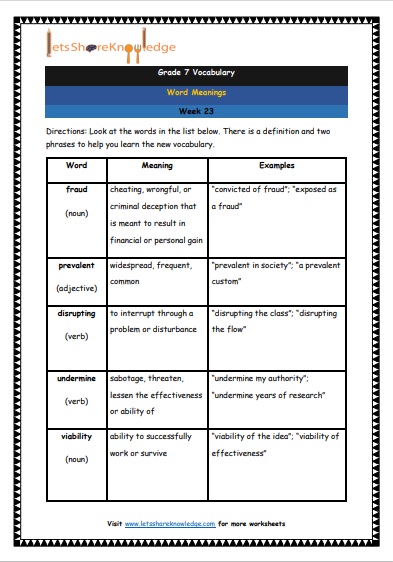 Grade 7 Vocabulary Worksheets Week 23 meanings