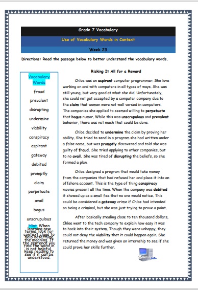 Grade 7 Vocabulary Worksheets Week 23 understanding vocabulary words in context