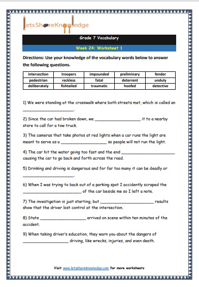 Grade 7 Vocabulary Worksheets Week 24 worksheet 1