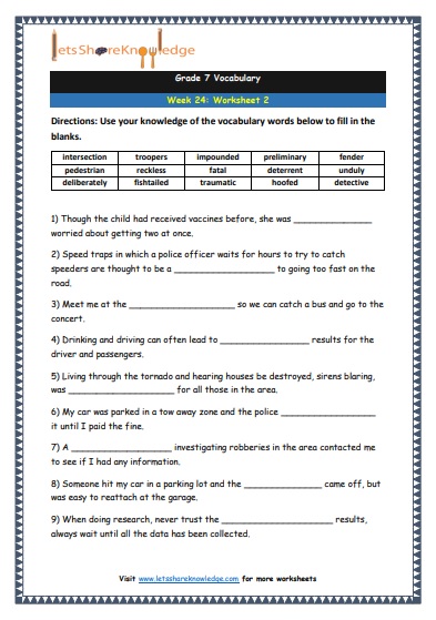 Grade 7 Vocabulary Worksheets Week 24 worksheet 2