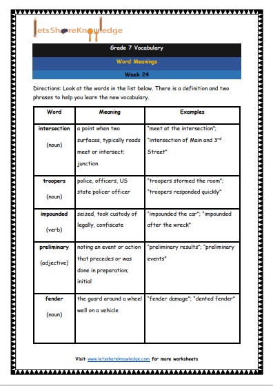 Grade 7 Vocabulary Worksheets Week 24 meanings