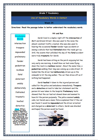 Grade 7 Vocabulary Worksheets Week 24 understanding vocabulary words in context